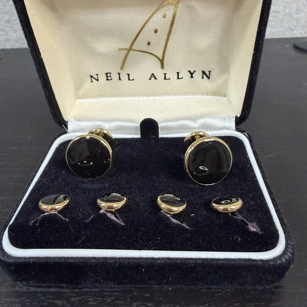 Neil Allyn Vintage Black and Gold-Tone Tuxedo Cufflinks and Shirt Studs Set